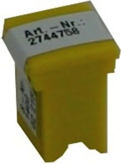 Gelber Parameterstecker mit einer weißen Beschriftung. Dient zur Verbindung mit einer HE-Pumpe, passend für Wolf CGB-35 Heizsysteme.